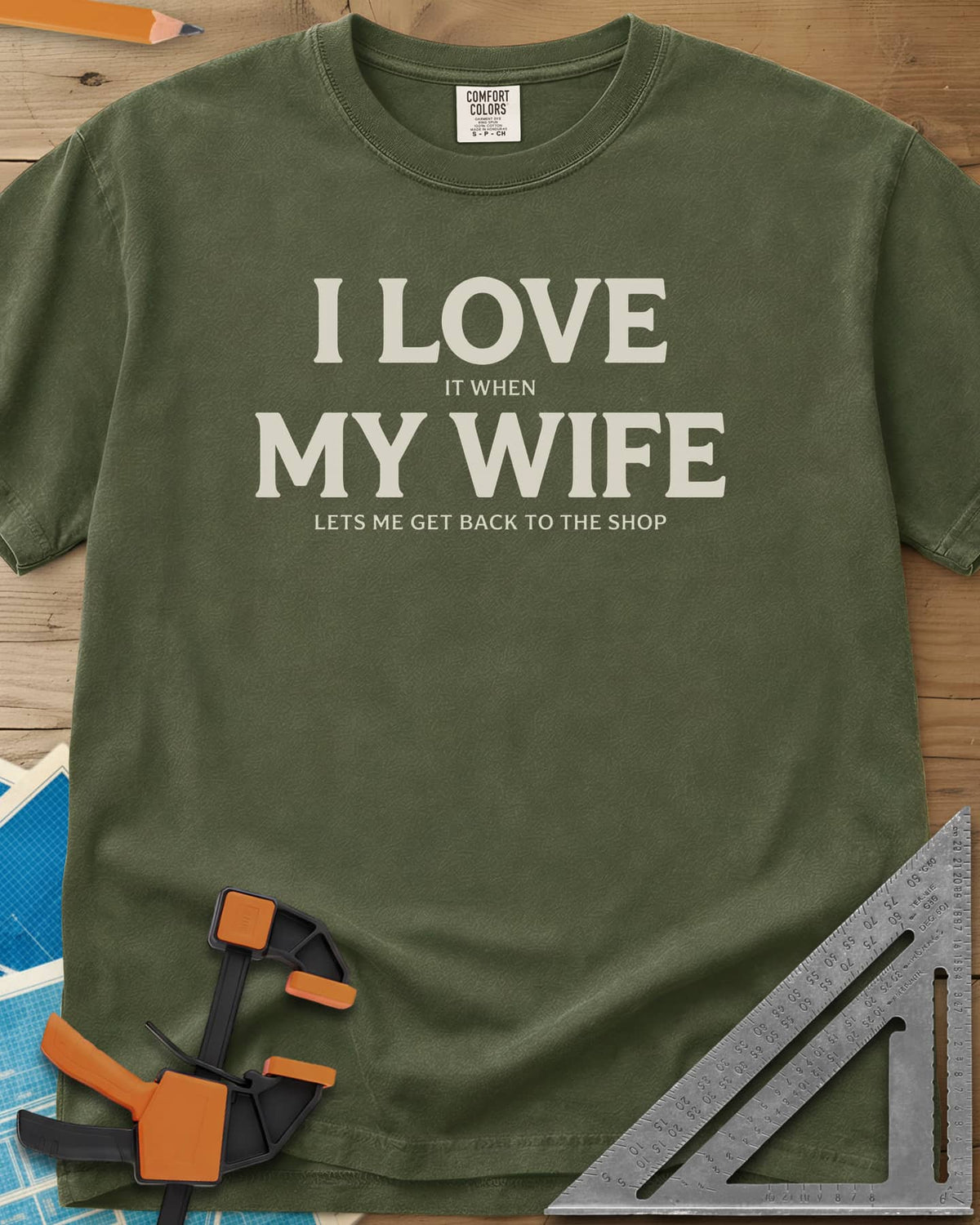 I Love My Wife heavyweight tee in Hemp, centered serif lettering, big I LOVE and MY WIFE, small words between