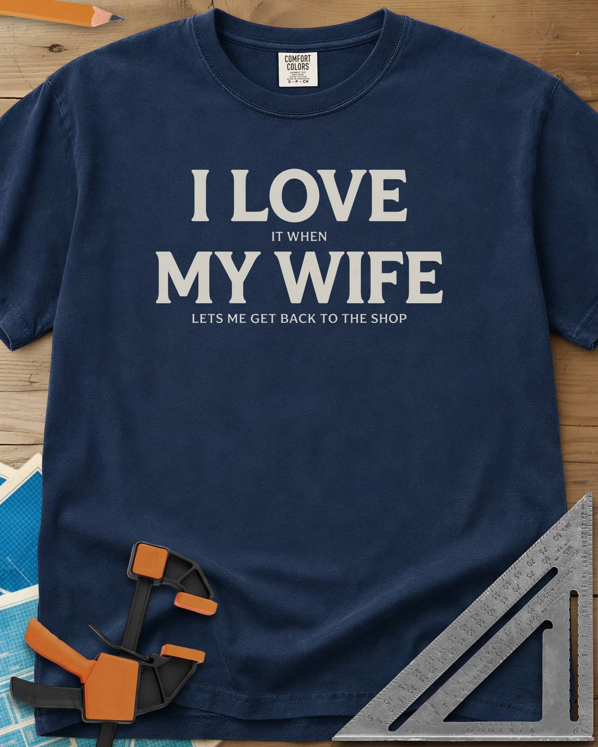 I Love My Wife heavyweight tee in Navy, centered serif lettering, big I LOVE and MY WIFE, small words between