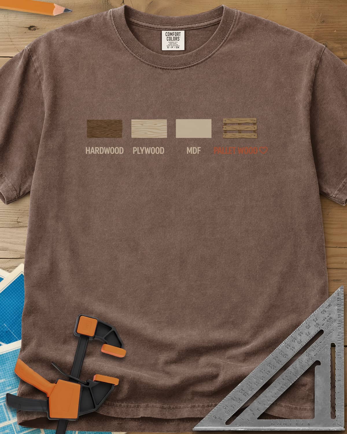 I Love Pallet Wood heavyweight tee in Espresso, four wood swatches labeled hardwood, plywood, MDF and pallet wood