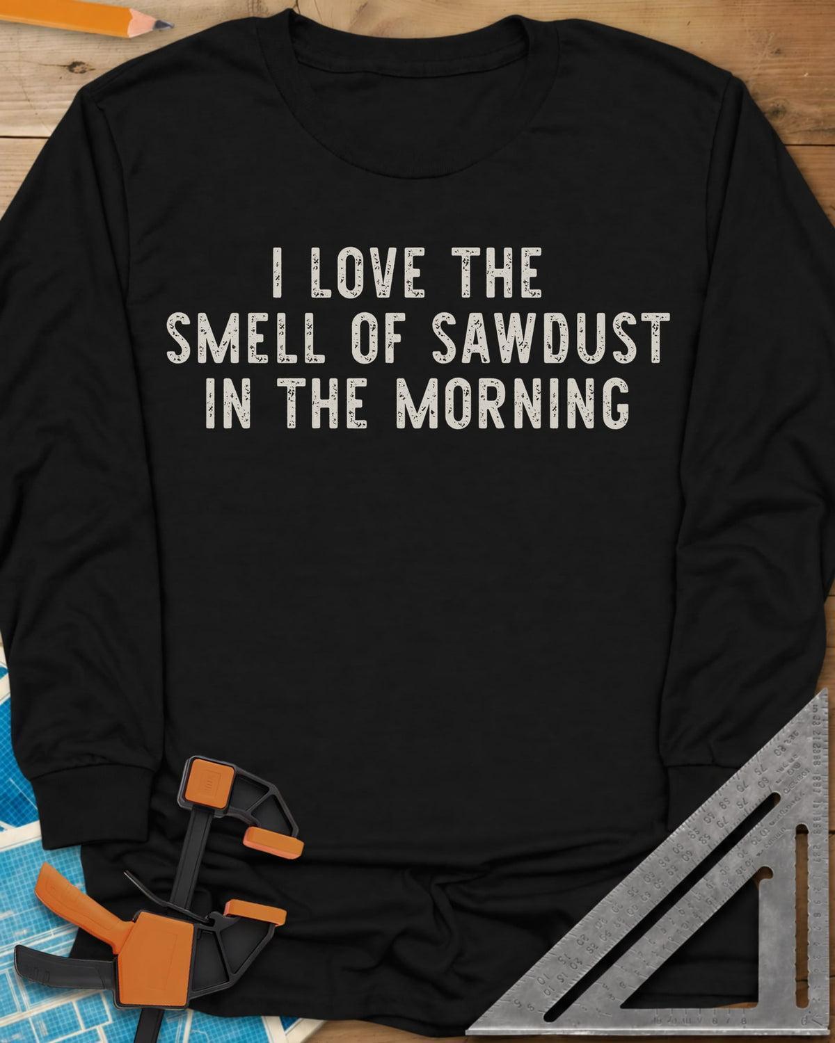 I Love The Smell long sleeve shirt in Black, plain distressed block lettering stacked on three lines