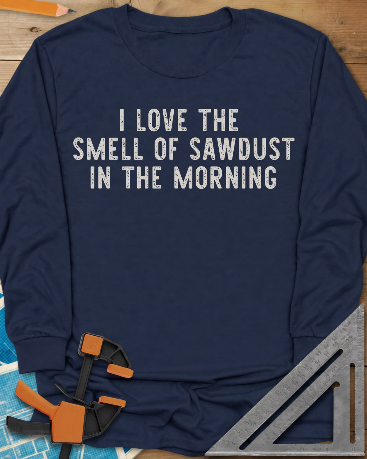 I Love The Smell long sleeve shirt in Navy, plain distressed block lettering stacked on three lines