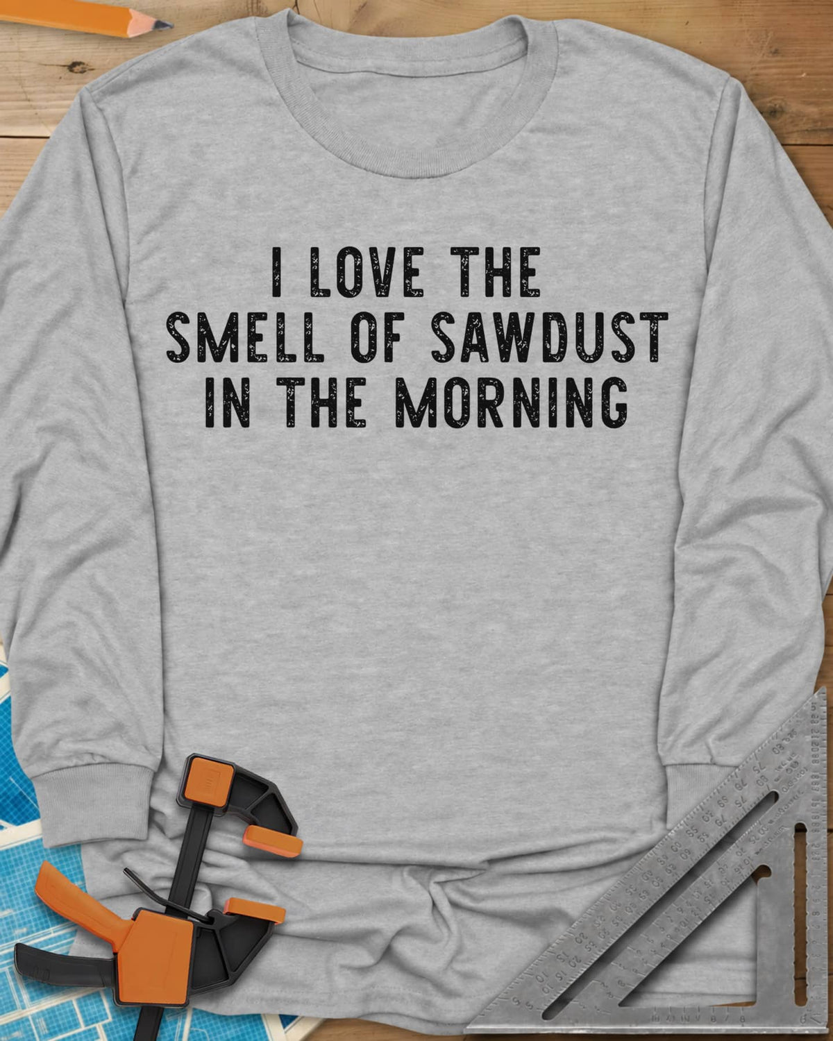 I Love The Smell long sleeve shirt in Sport Grey, plain distressed block lettering stacked on three lines