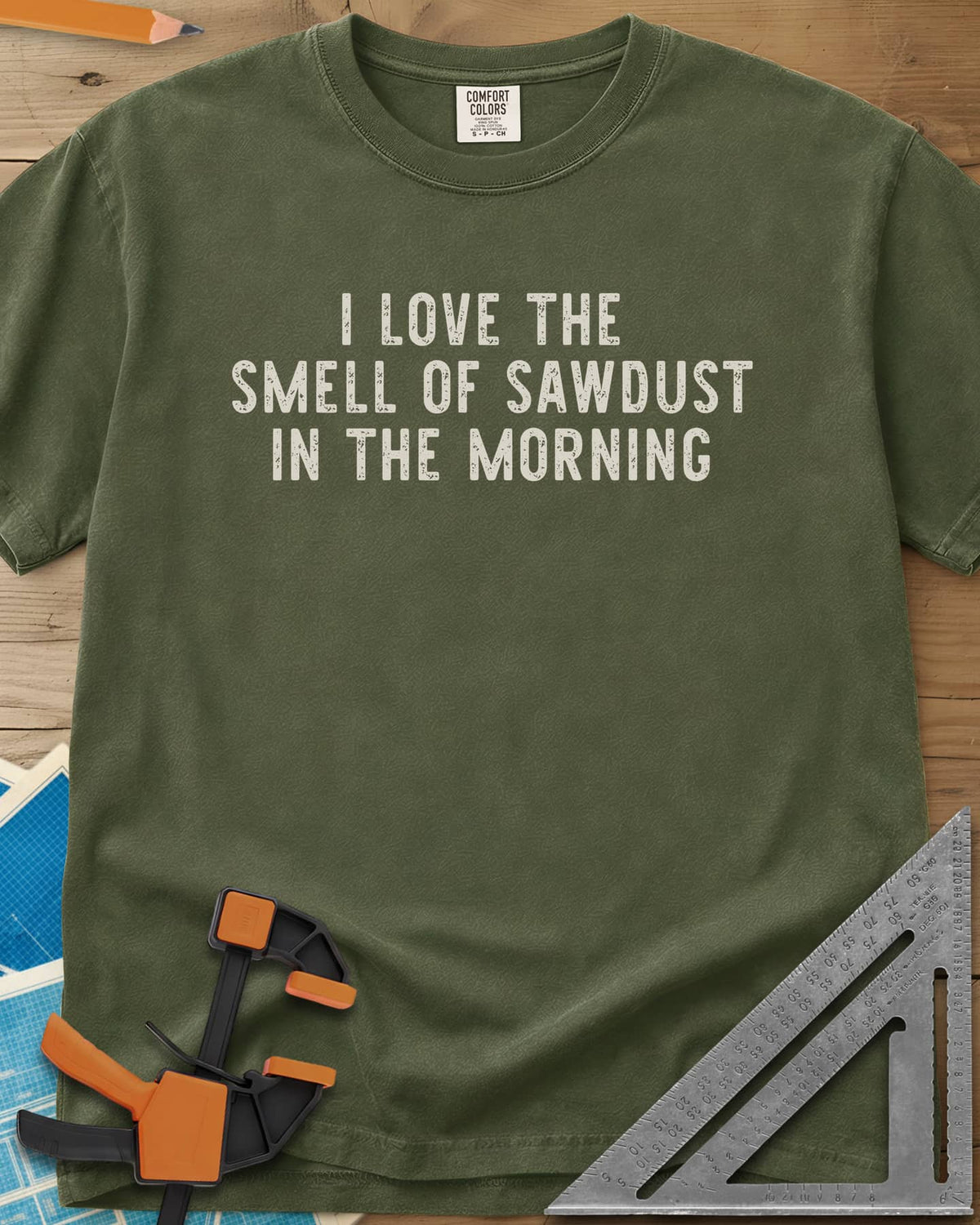 I Love The Smell heavyweight tee in Hemp, plain distressed block lettering stacked on three lines