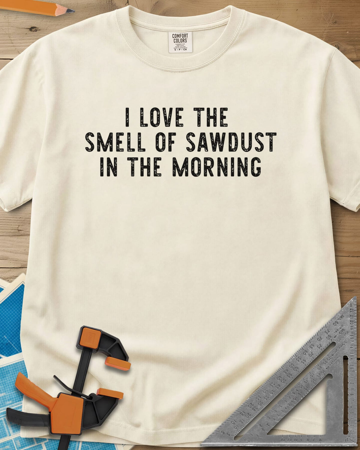I Love The Smell heavyweight tee in Ivory, plain distressed block lettering stacked on three lines