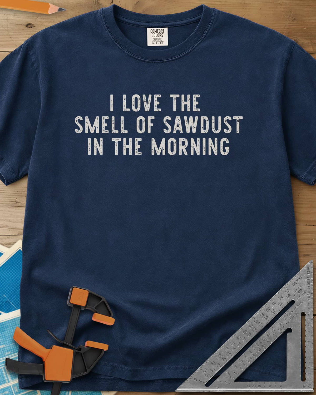 I Love The Smell heavyweight tee in Navy, plain distressed block lettering stacked on three lines