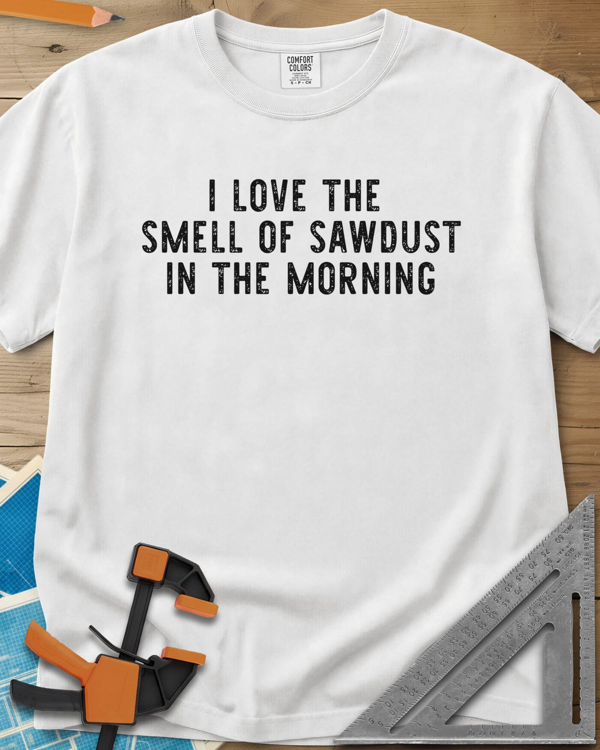 I Love The Smell heavyweight tee in White, plain distressed block lettering stacked on three lines