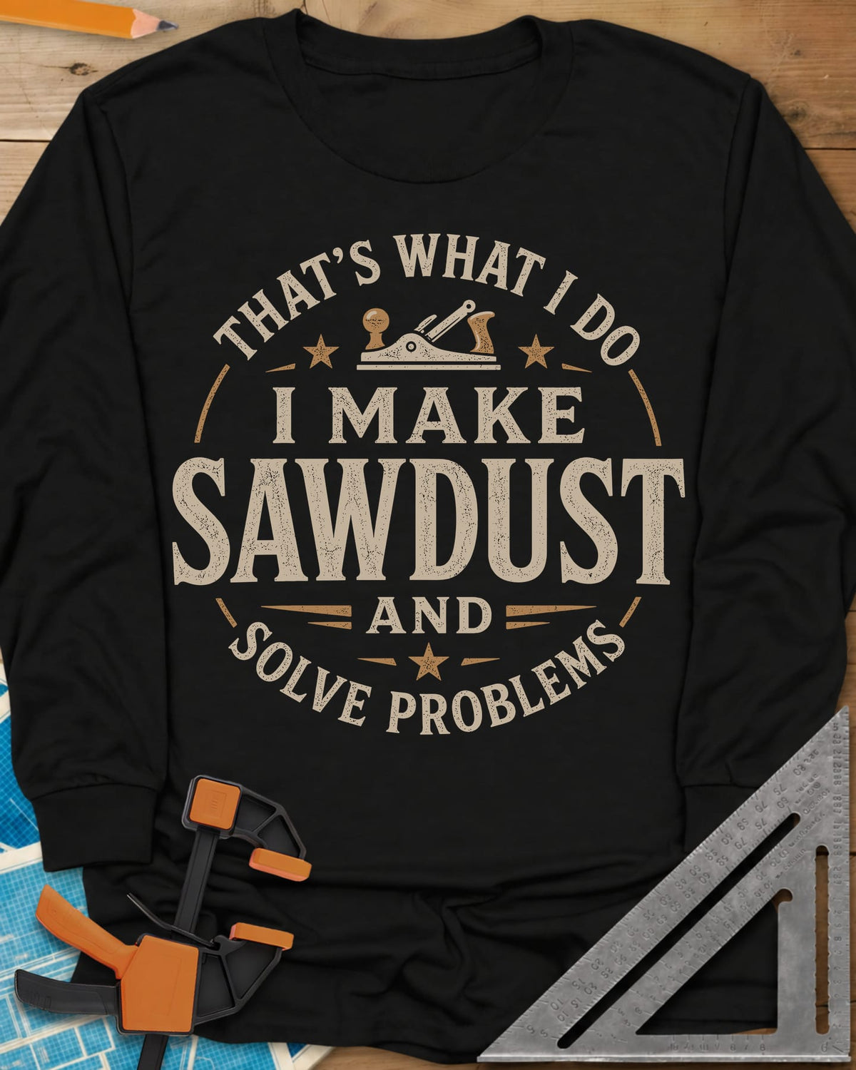 I Make Sawdust long sleeve shirt in Black, a round badge with a hand plane and stars around the words