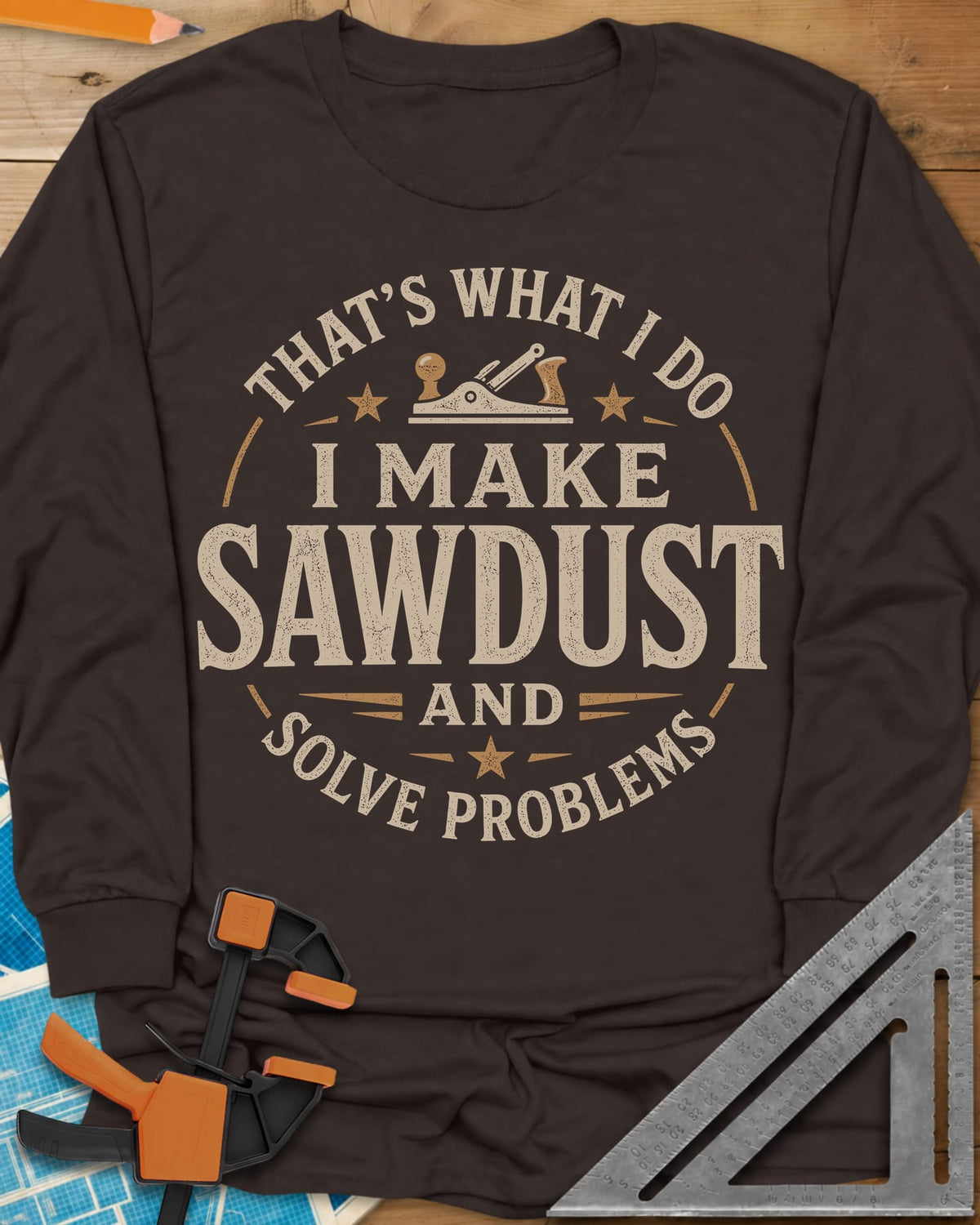 I Make Sawdust long sleeve shirt in Dark Chocolate, a round badge with a hand plane and stars around the words