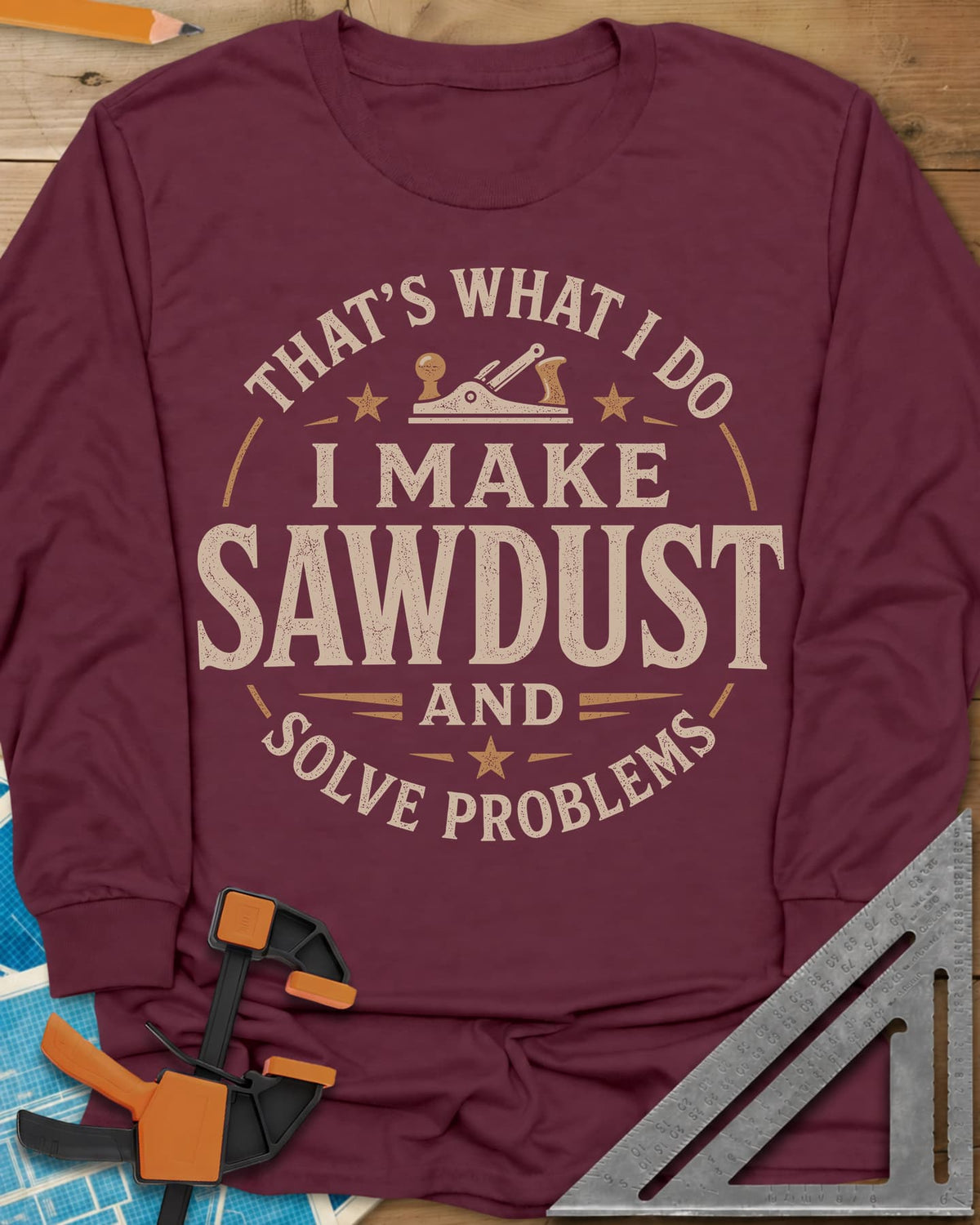 I Make Sawdust long sleeve shirt in Maroon, a round badge with a hand plane and stars around the words