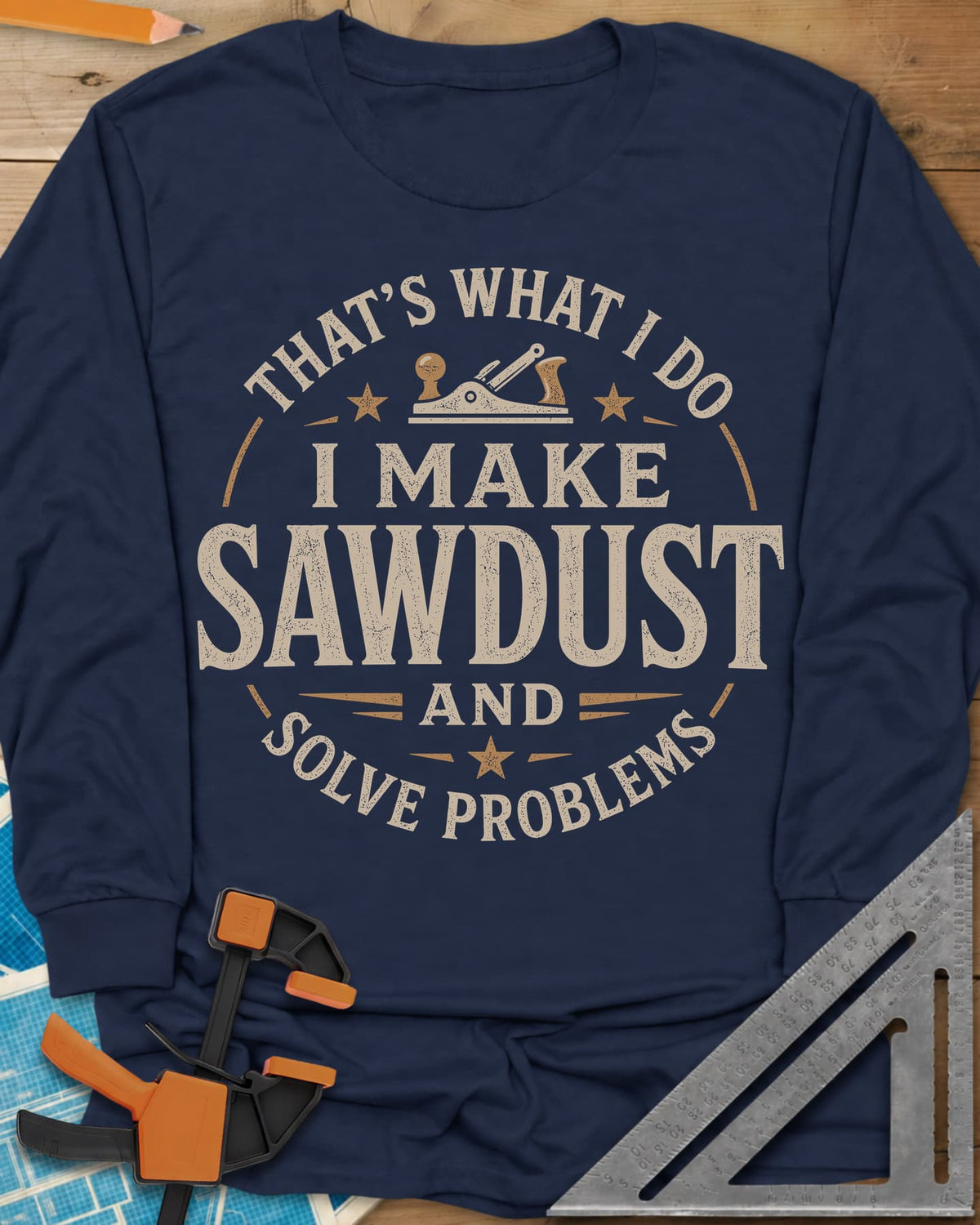 I Make Sawdust long sleeve shirt in Navy, a round badge with a hand plane and stars around the words