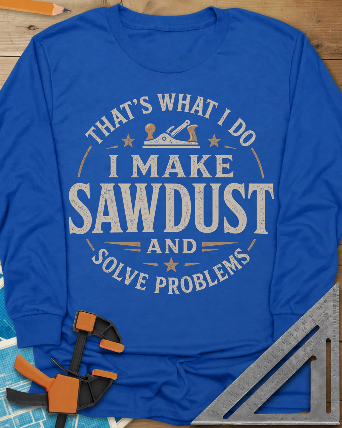I Make Sawdust long sleeve shirt in Royal, a round badge with a hand plane and stars around the words