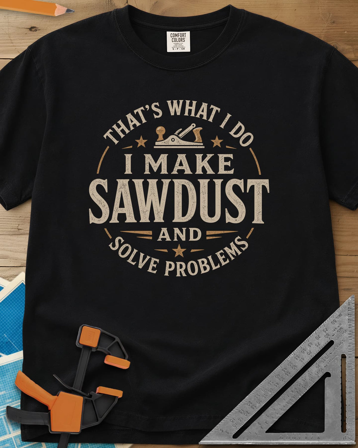 I Make Sawdust heavyweight tee in Black, a round badge with a hand plane and stars around the words
