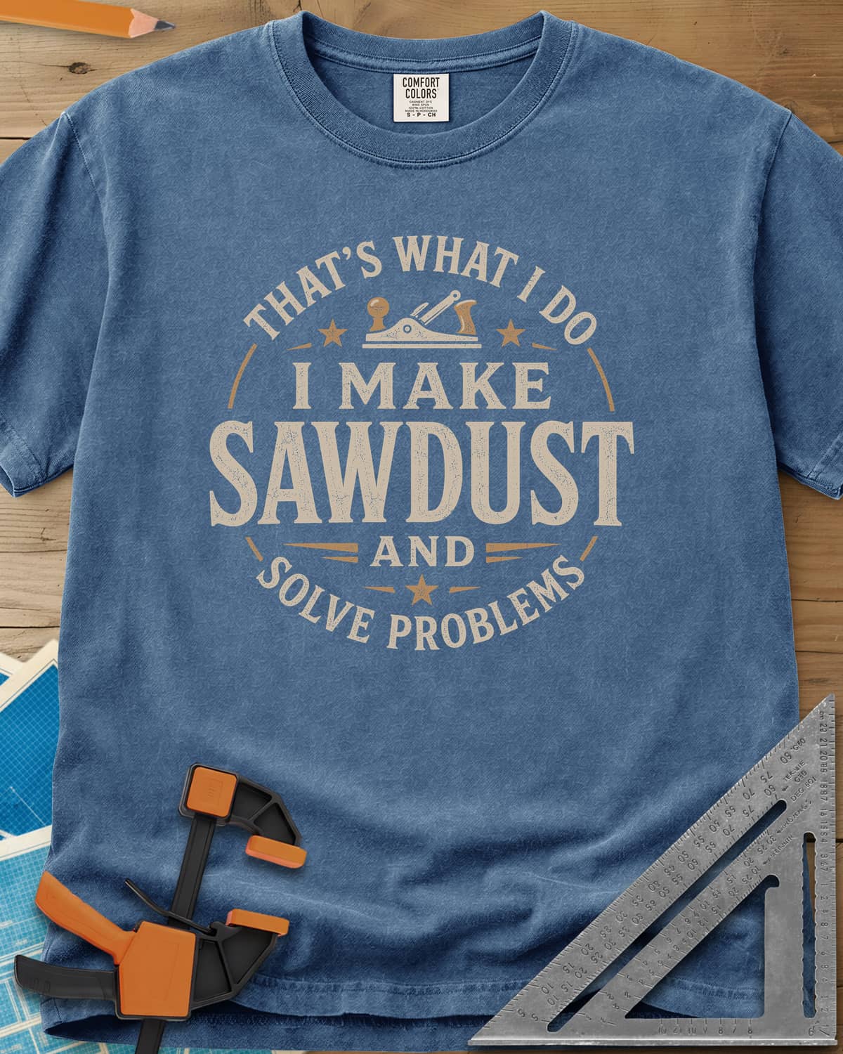 I Make Sawdust heavyweight tee in Blue Jean, a round badge with a hand plane and stars around the words
