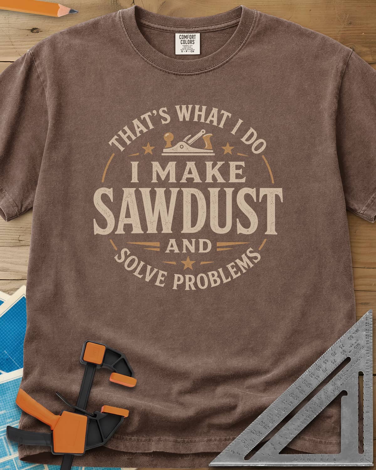 I Make Sawdust heavyweight tee in Espresso, a round badge with a hand plane and stars around the words