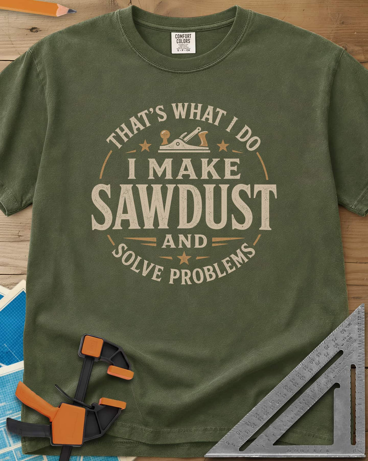 I Make Sawdust heavyweight tee in Hemp, a round badge with a hand plane and stars around the words