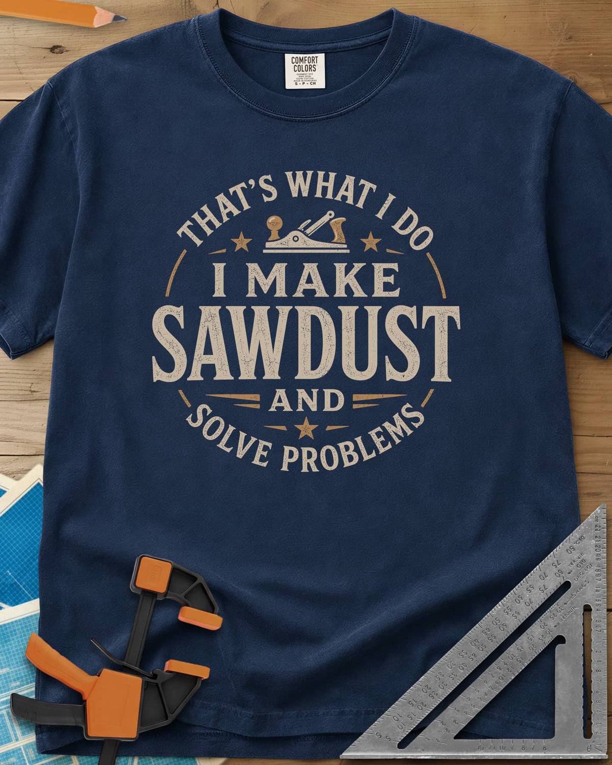 I Make Sawdust heavyweight tee in Navy, a round badge with a hand plane and stars around the words