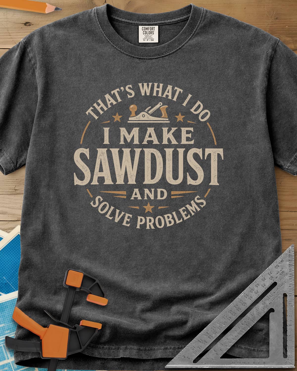 I Make Sawdust heavyweight tee in Pepper, a round badge with a hand plane and stars around the words