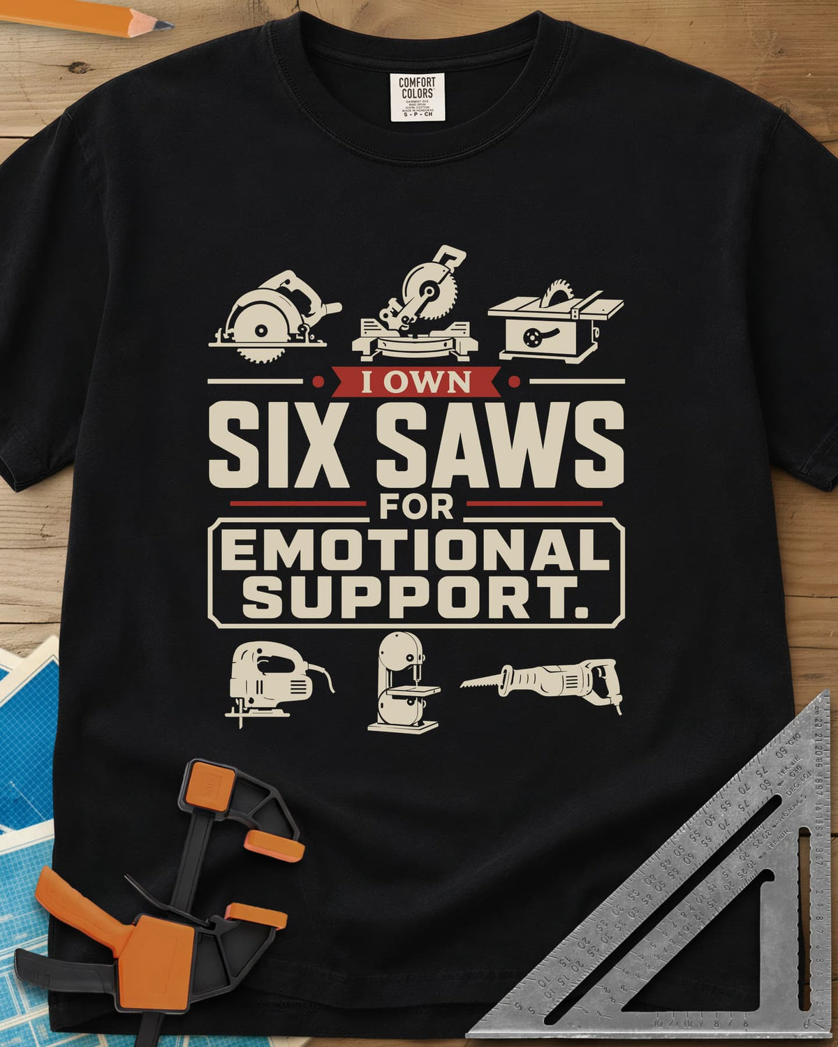 I Own Six Saws For Emotional Support heavyweight tee in Black, six saw icons around the words, circular saw to band saw