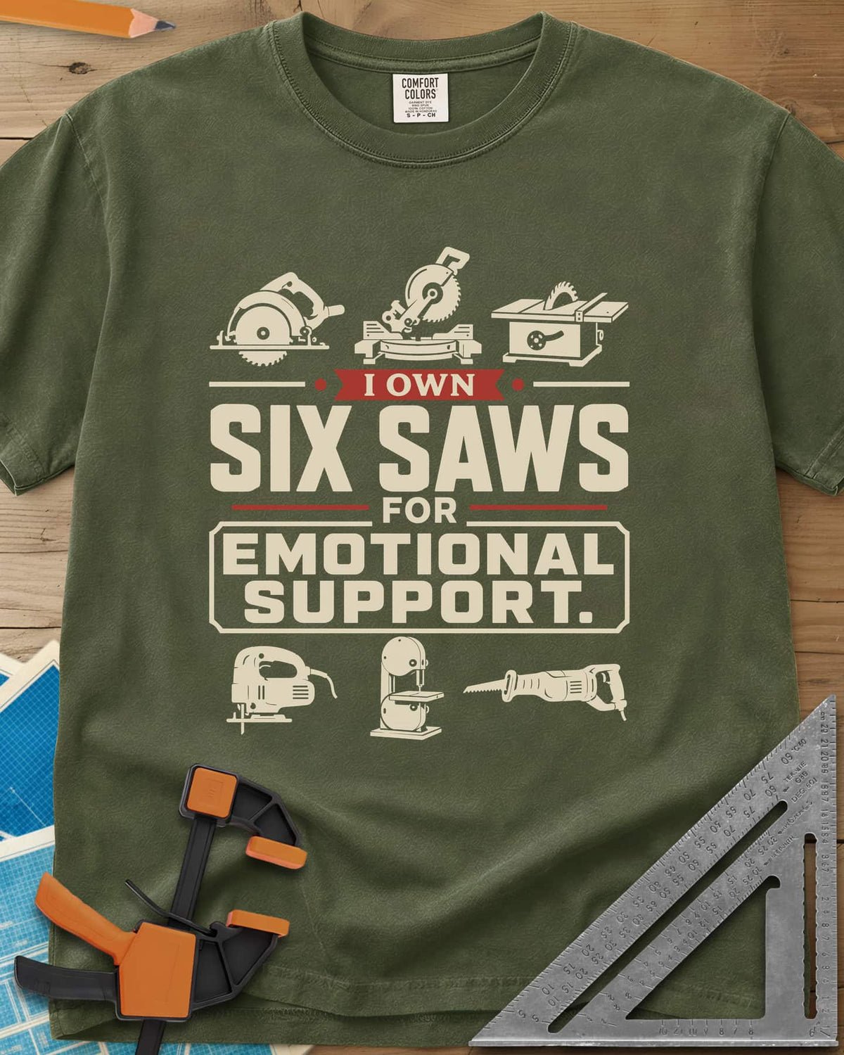 I Own Six Saws For Emotional Support heavyweight tee in Hemp, six saw icons around the words, circular saw to band saw