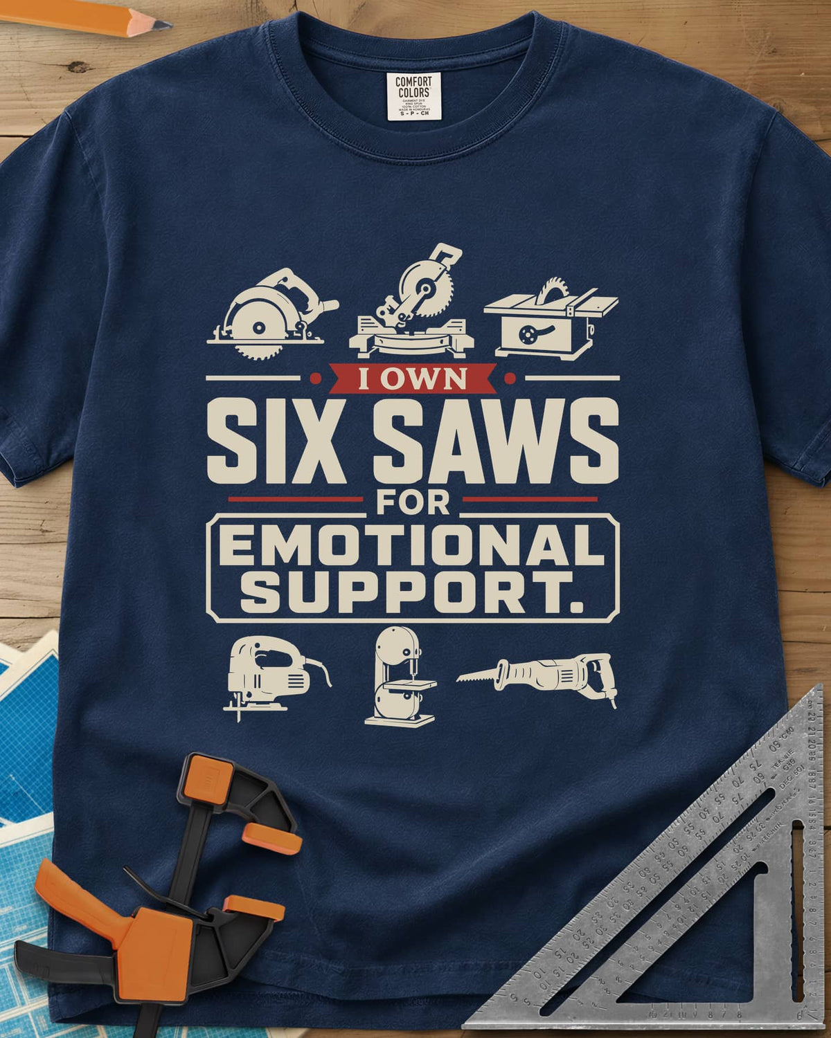 I Own Six Saws For Emotional Support heavyweight tee in Navy, six saw icons around the words, circular saw to band saw