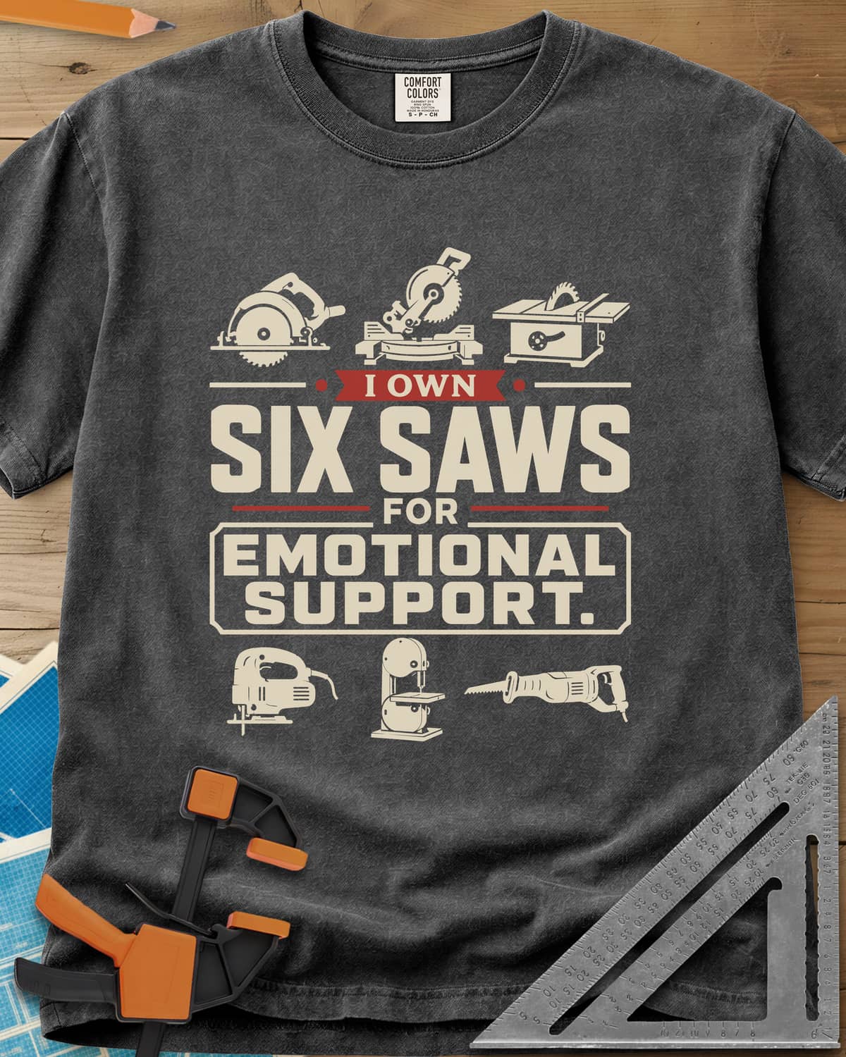 I Own Six Saws For Emotional Support heavyweight tee in Pepper, six saw icons around the words, circular saw to band saw