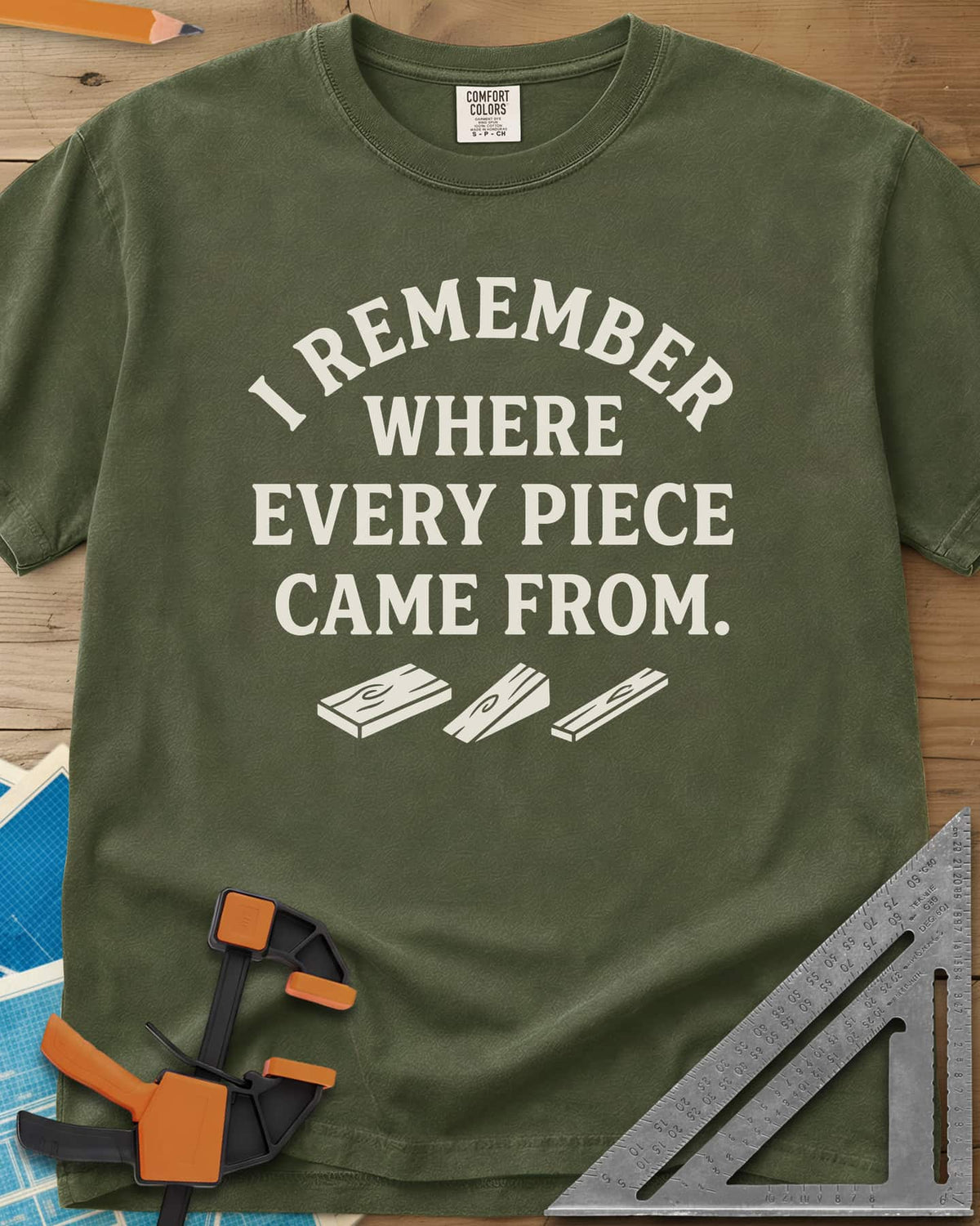 I Remember Where Every Piece Came From heavyweight tee in Hemp, arched lettering above three small boards with swirled grain