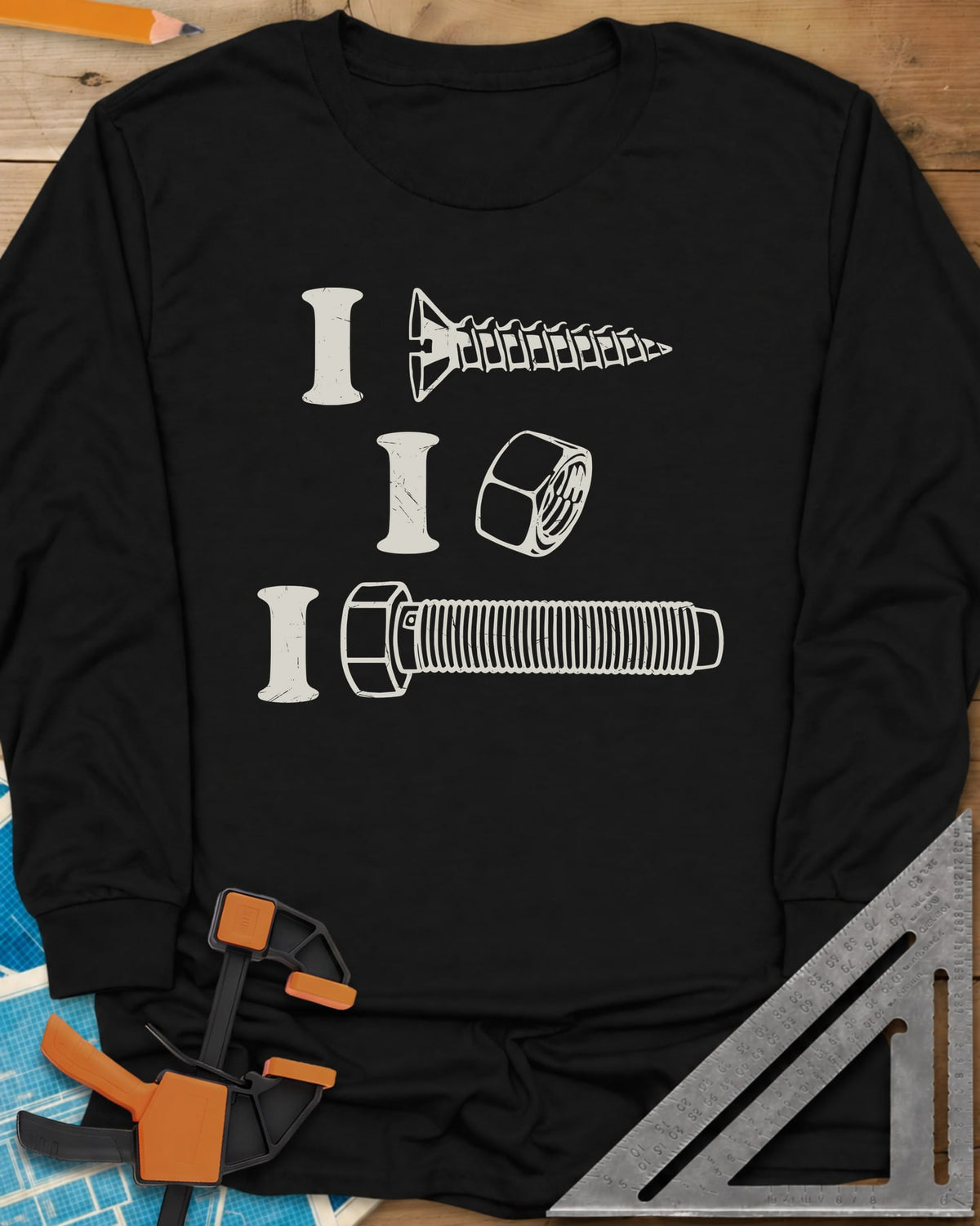 I Screw, I Nut, I Bolt! long sleeve shirt in Black, three capital I letters, each beside a screw, nut or bolt drawing