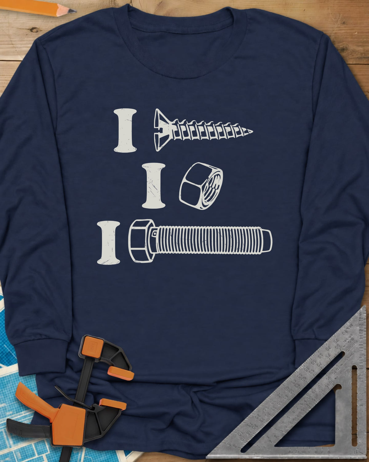 I Screw, I Nut, I Bolt! long sleeve shirt in Navy, three capital I letters, each beside a screw, nut or bolt drawing