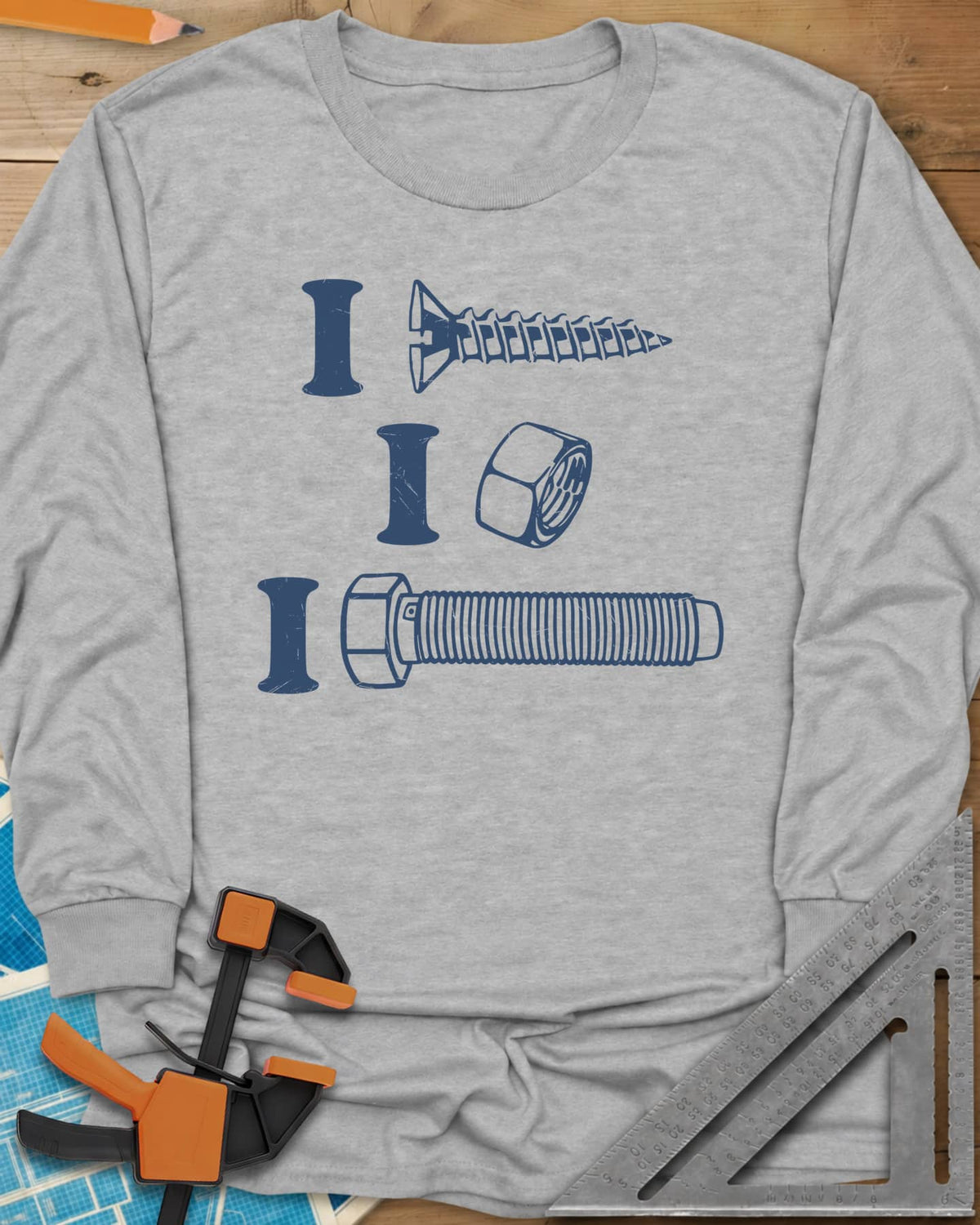 I Screw, I Nut, I Bolt! long sleeve shirt in Sport Grey, three capital I letters, each beside a screw, nut or bolt drawing