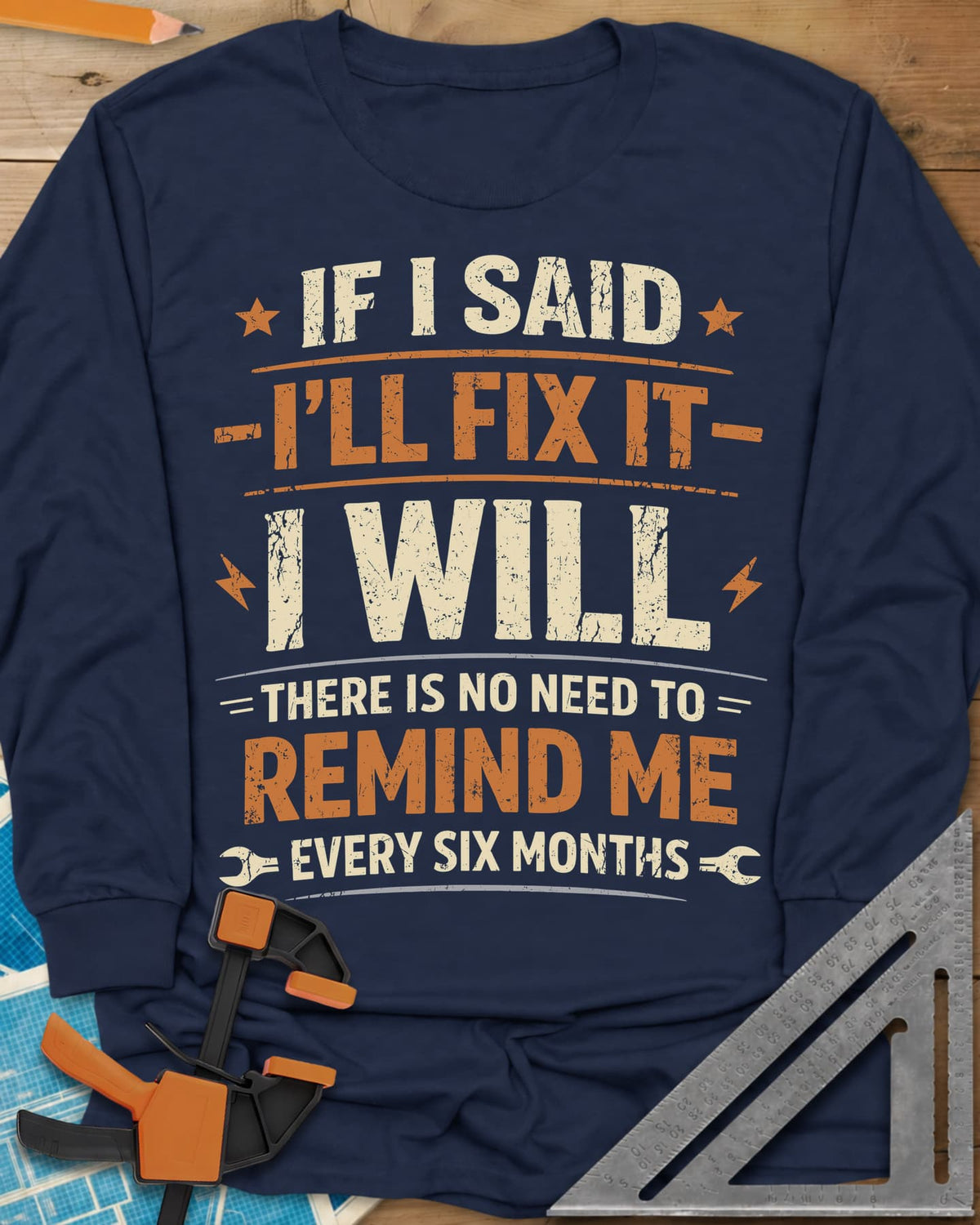 I'll Fix It long sleeve shirt in Navy, stacked lettering with stars, lightning bolts and two wrenches