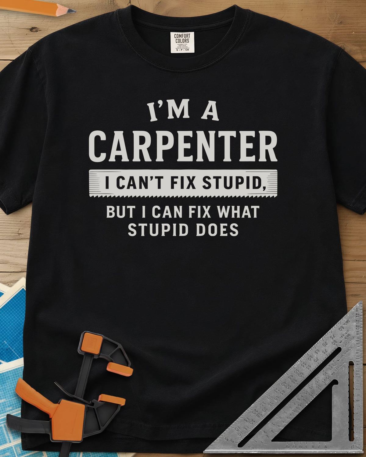 I’m a Carpenter heavyweight tee in Black, block lettering with a saw-tooth strip behind the middle line