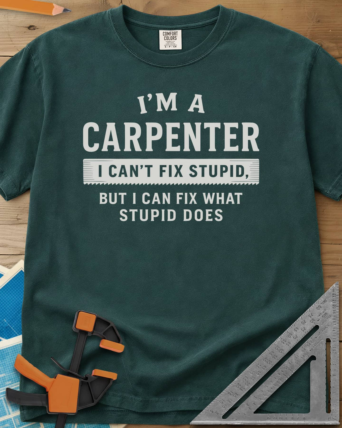 I’m a Carpenter heavyweight tee in Blue Spruce, block lettering with a saw-tooth strip behind the middle line