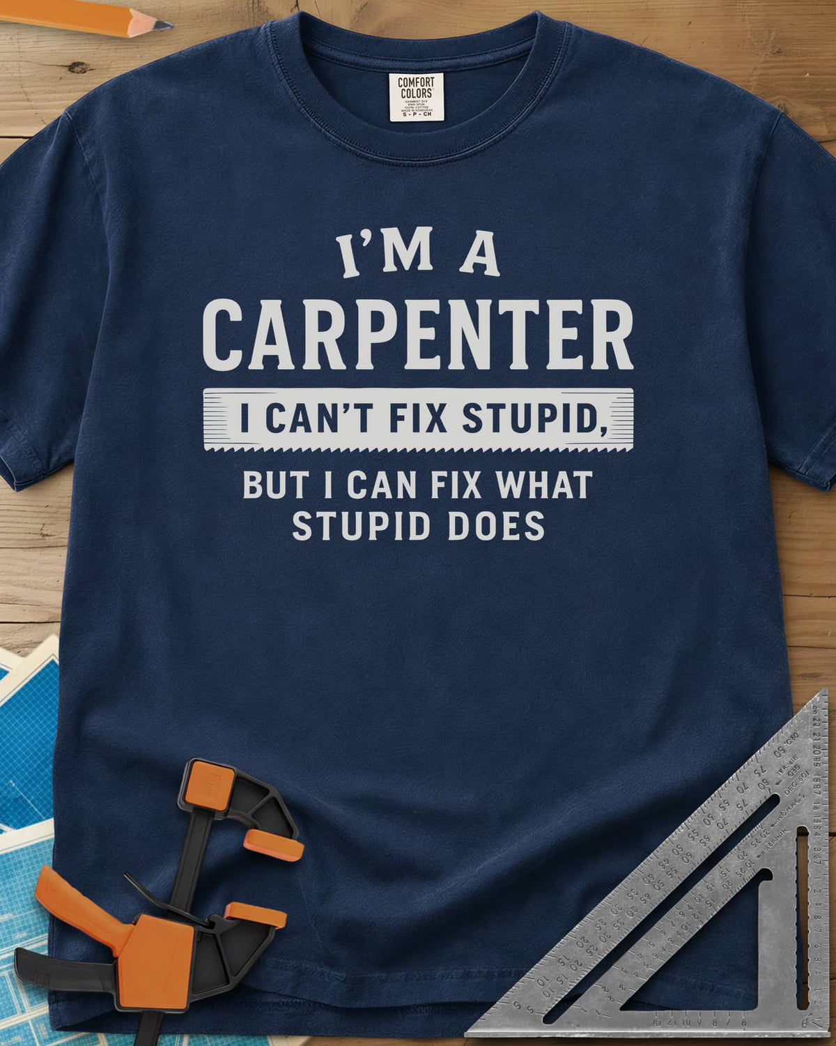 I’m a Carpenter heavyweight tee in Navy, block lettering with a saw-tooth strip behind the middle line