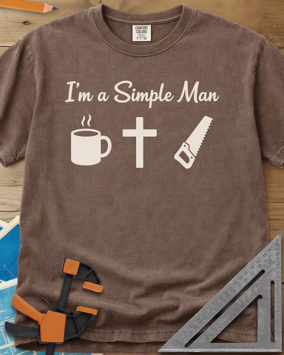 I’m A Simple Man Christian Woodworking heavyweight tee in Espresso, script headline above a steaming coffee mug, a cross and