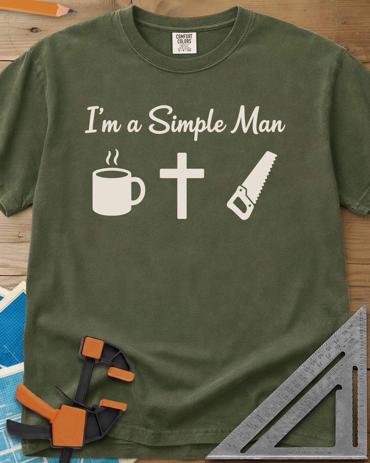 I’m A Simple Man Christian Woodworking heavyweight tee in Hemp, script headline above a steaming coffee mug, a cross and a