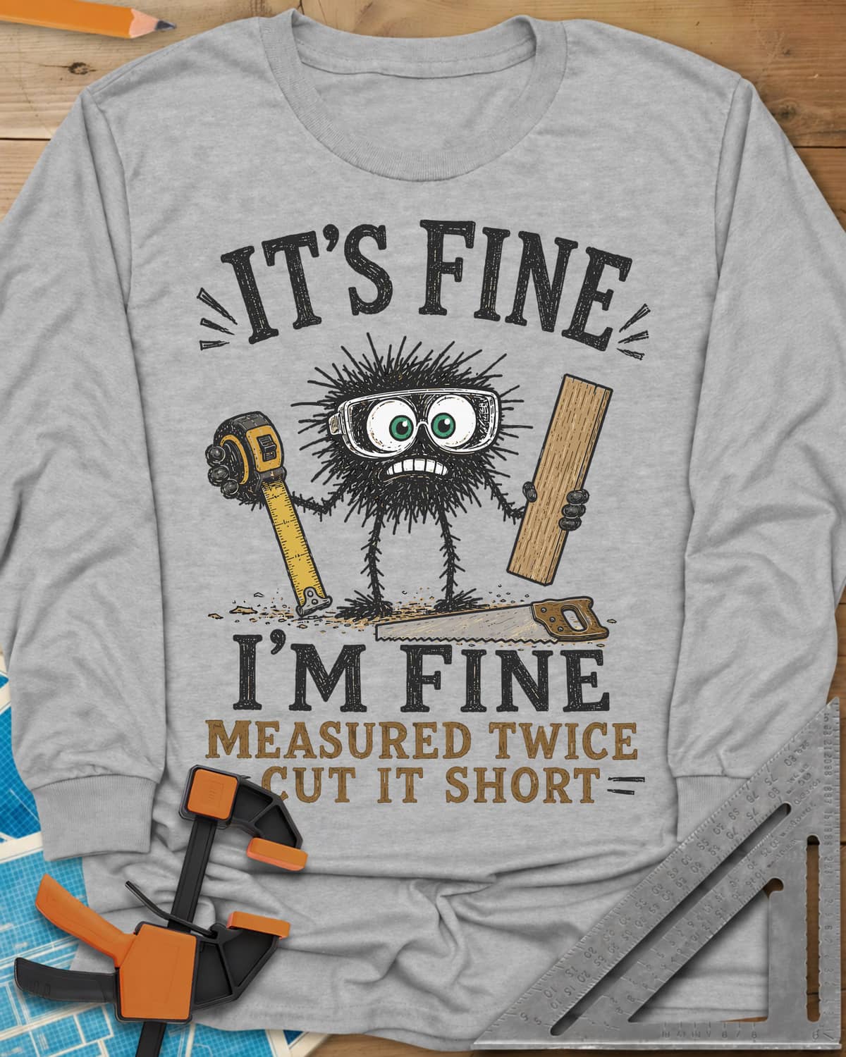 I’m Fine long sleeve shirt in Sport Grey, a fuzzy goggled creature holding a tape measure and a board