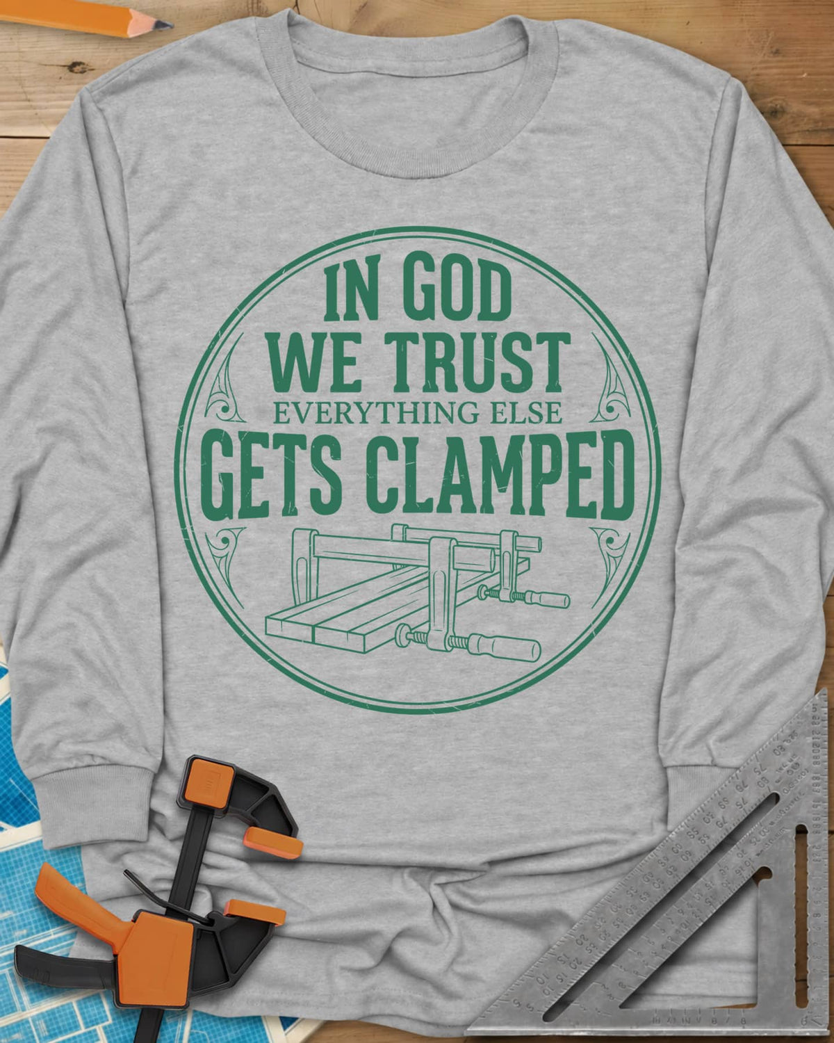 In God We Trust long sleeve shirt in Sport Grey, a round badge with two bar clamps holding boards