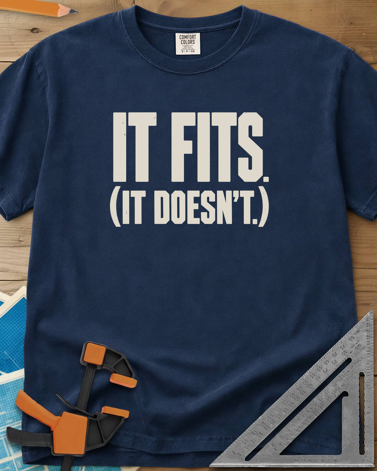 It Fits heavyweight tee in Navy, plain bold block lettering with a bracketed second line