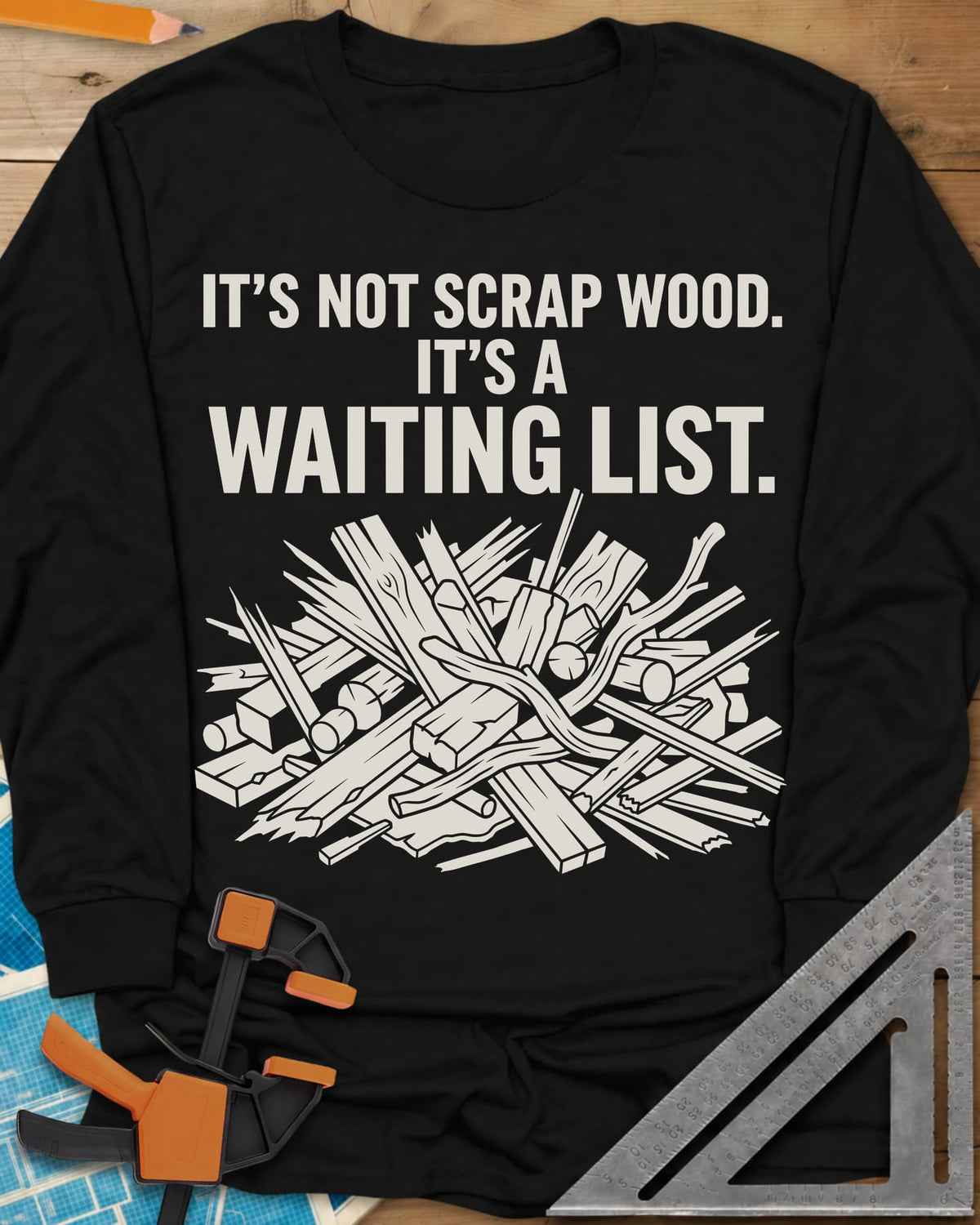 It's A Waiting List long sleeve shirt in Black, a tangled heap of scrap boards, offcuts and branches