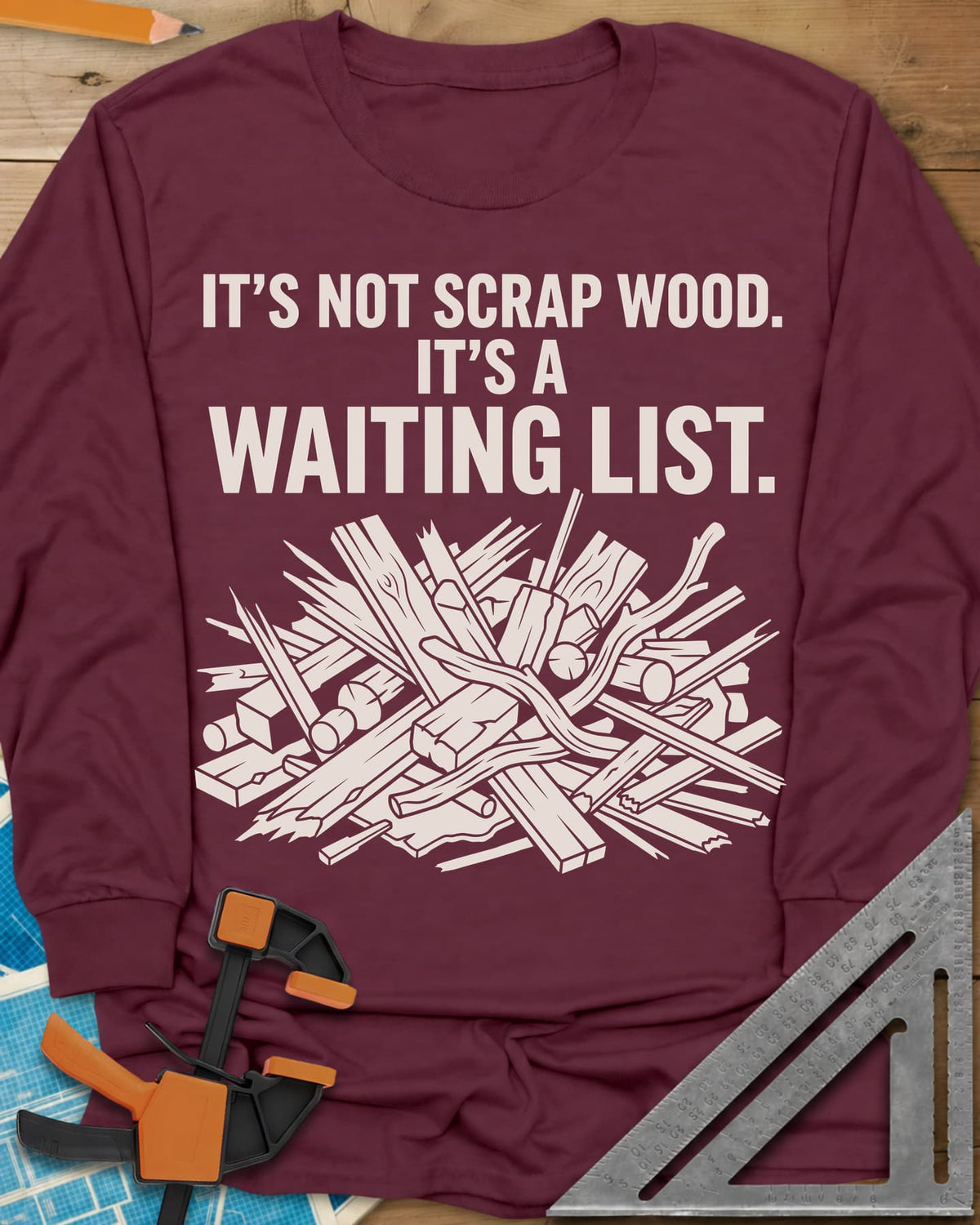 It's A Waiting List long sleeve shirt in Maroon, a tangled heap of scrap boards, offcuts and branches