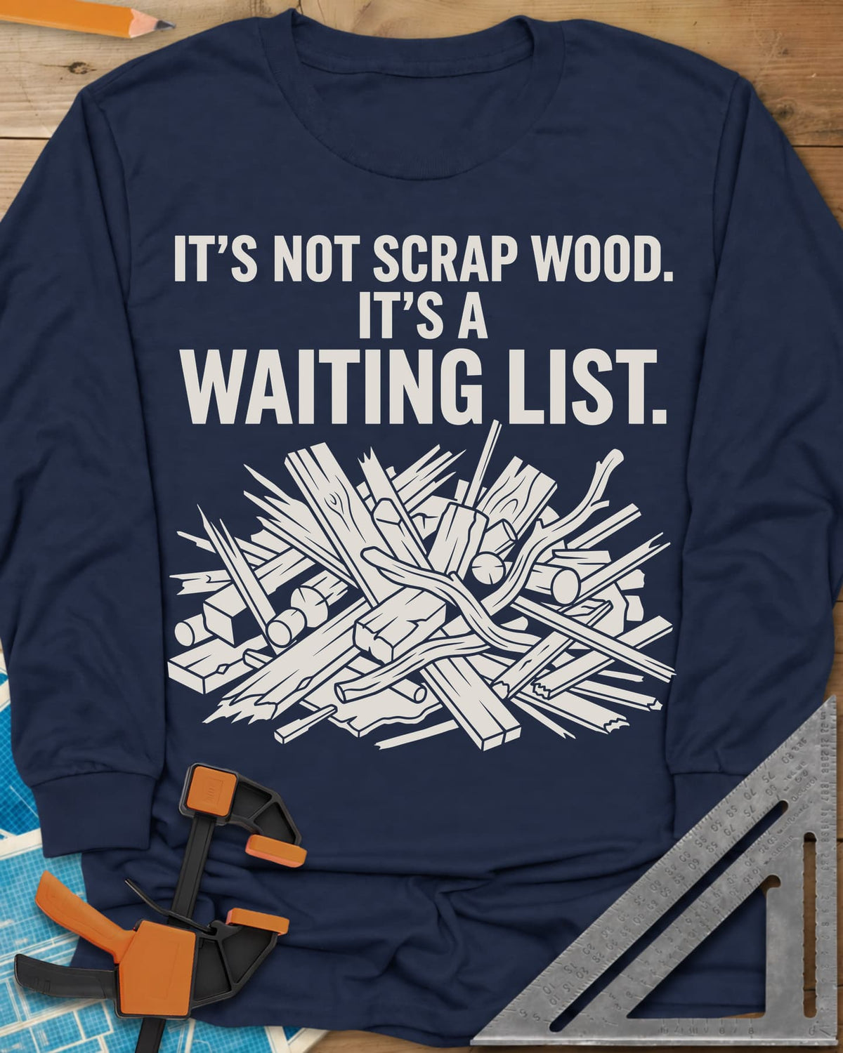 It's A Waiting List long sleeve shirt in Navy, a tangled heap of scrap boards, offcuts and branches