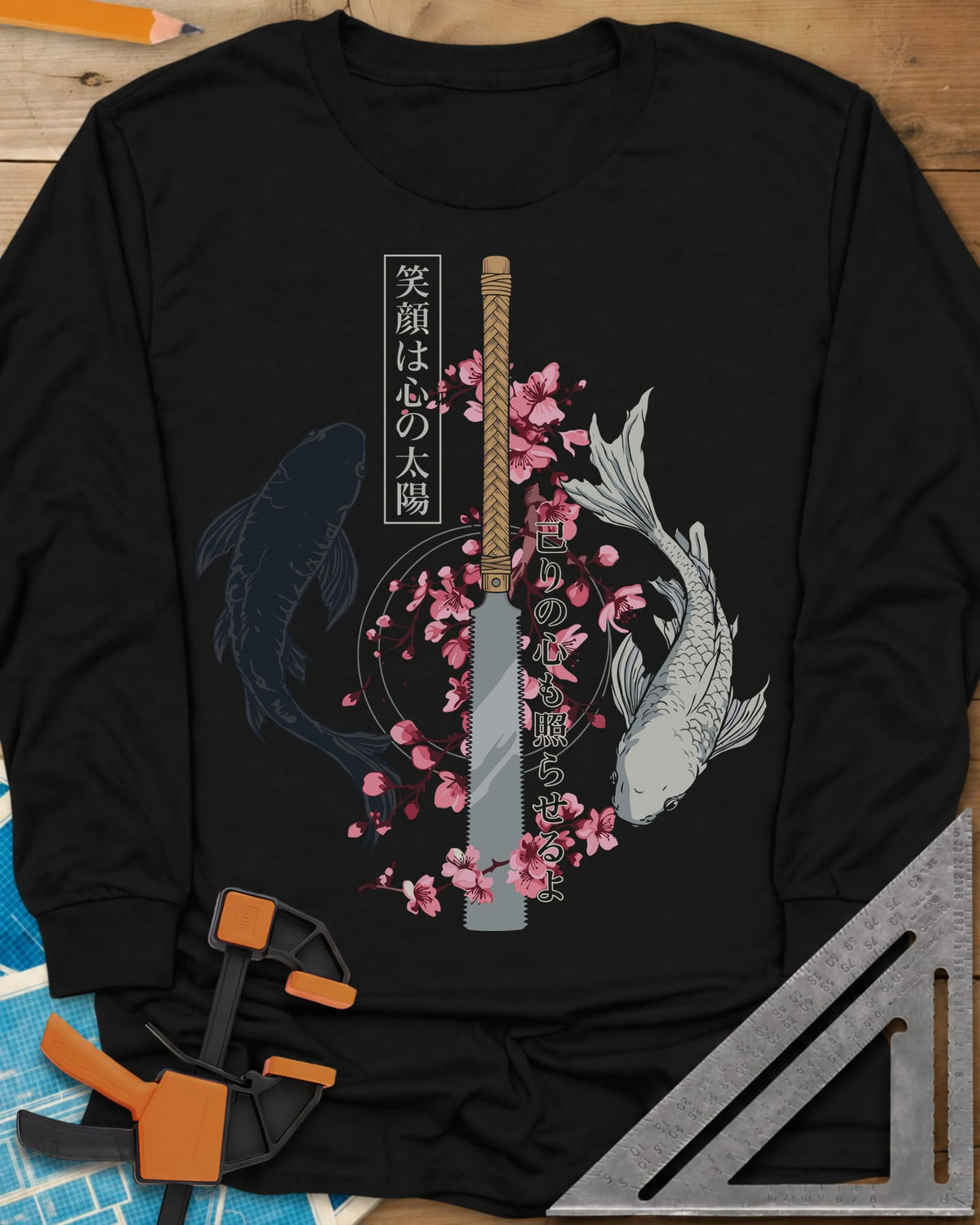 Japanese Saw long sleeve shirt in Black, Japanese pull saw, cherry blossoms, one dark and one pale koi