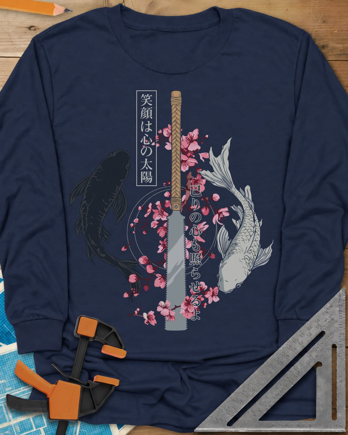 Japanese Saw long sleeve shirt in Navy, Japanese pull saw, cherry blossoms, one dark and one pale koi