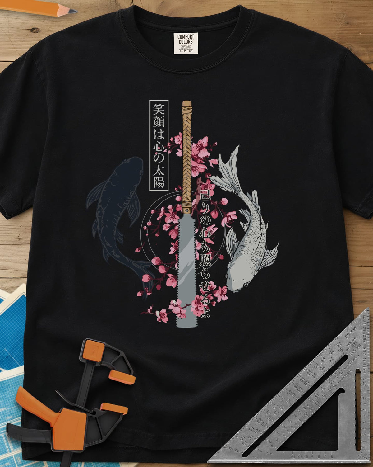 Japanese Saw heavyweight tee in Black, Japanese pull saw, cherry blossoms, one dark and one pale koi