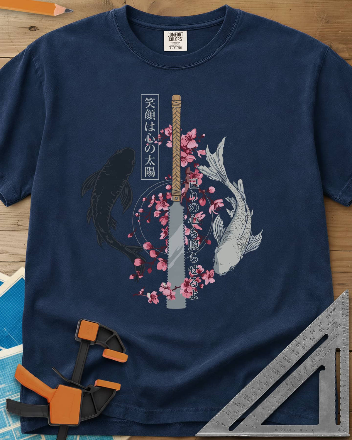 Japanese Saw heavyweight tee in Navy, Japanese pull saw, cherry blossoms, one dark and one pale koi