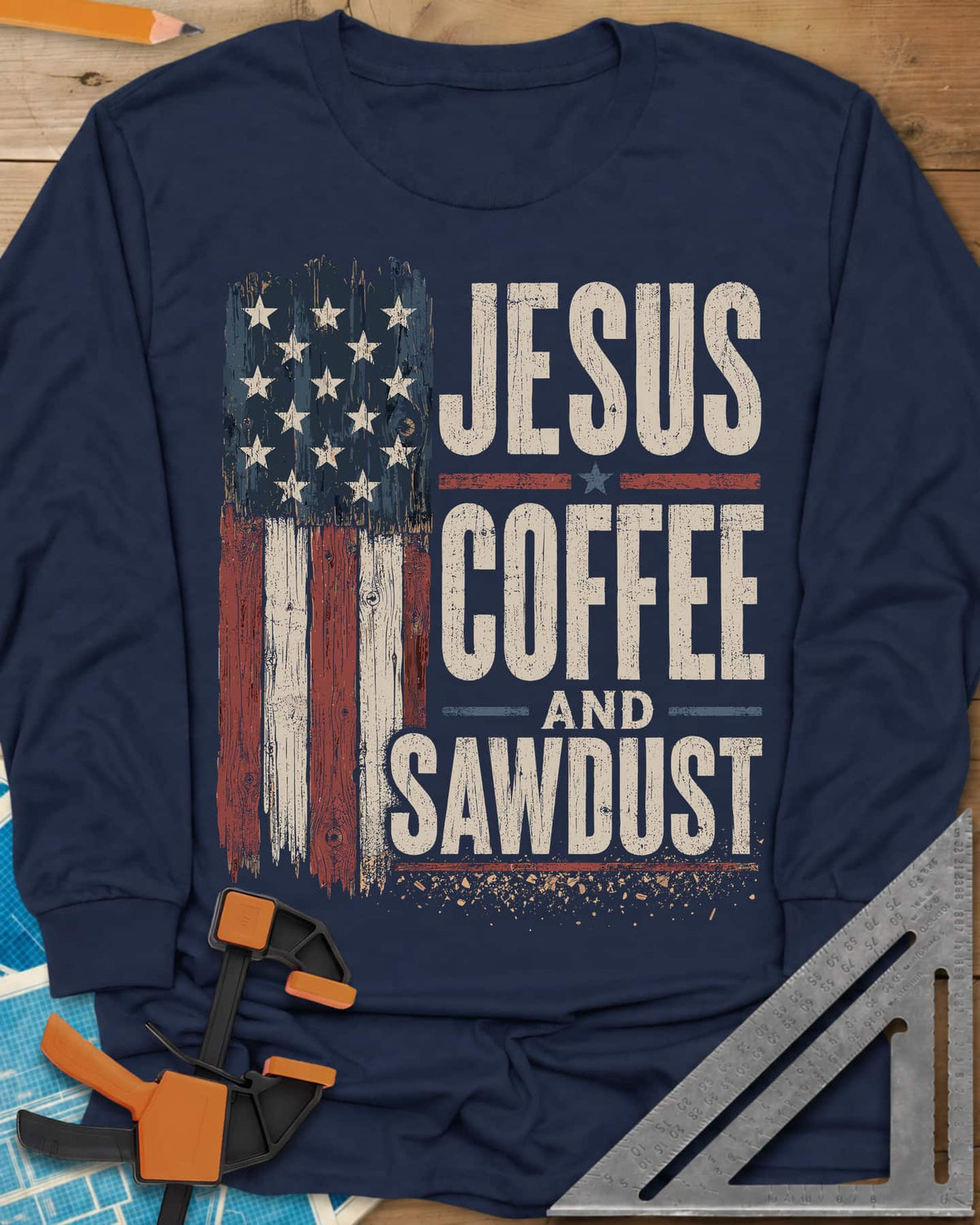 Jesus Coffee Sawdust long sleeve shirt in Navy, wood-plank American flag beside stacked distressed lettering