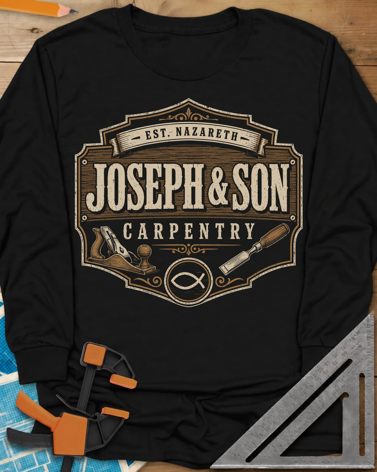 Joseph & Son Carpentry long sleeve shirt in Black, a shop-sign badge with a hand plane, chisel and fish symbol
