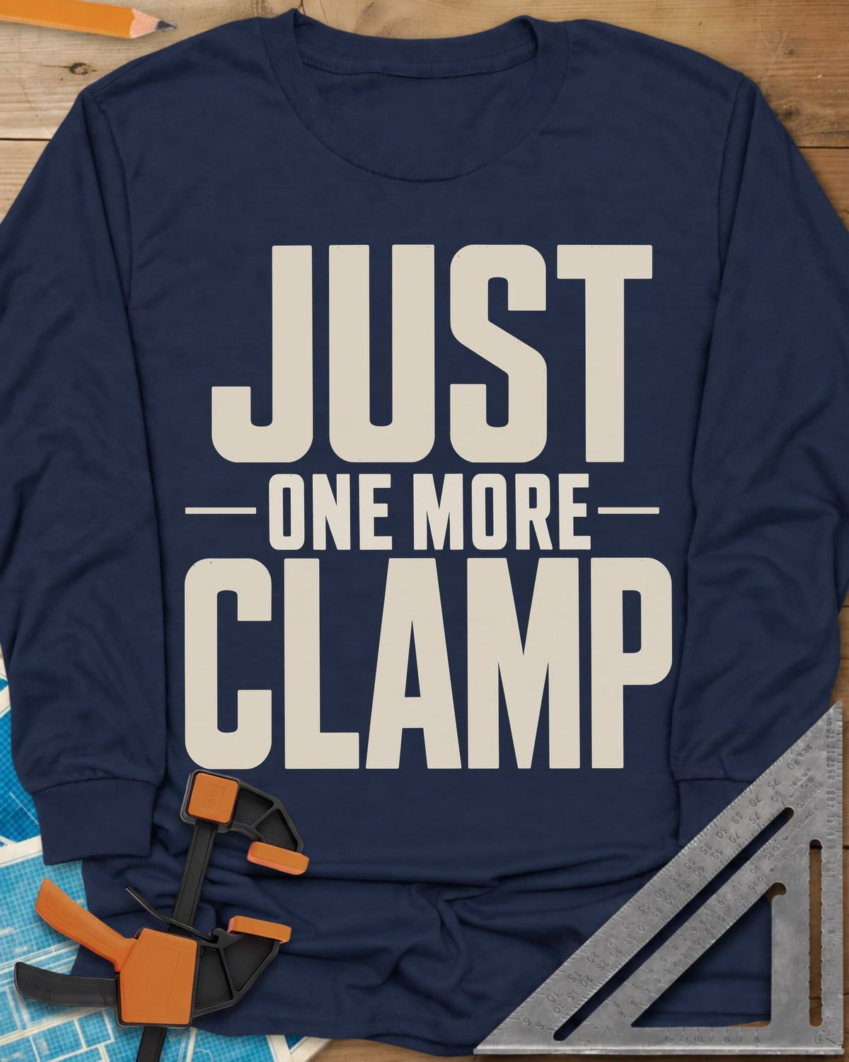 Just One More long sleeve shirt in Navy, bold stacked block letters with a thin line divider