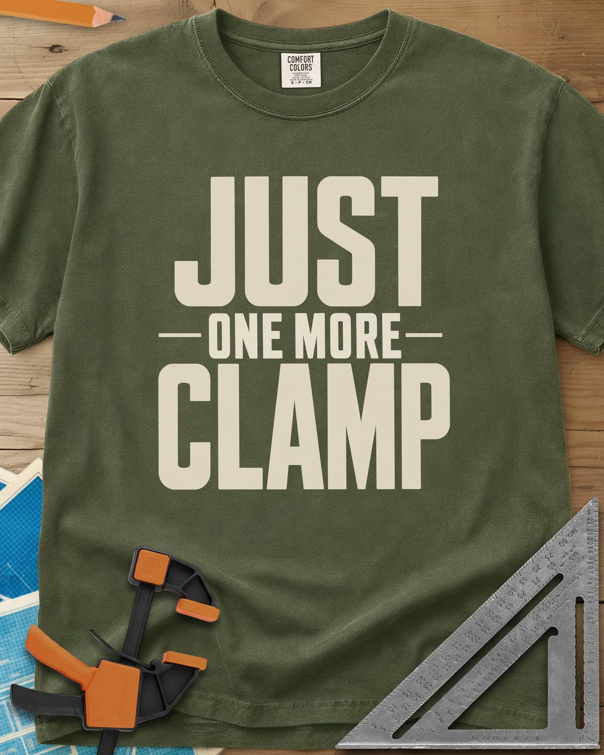 Just One More heavyweight tee in Hemp, bold stacked block letters with a thin line divider