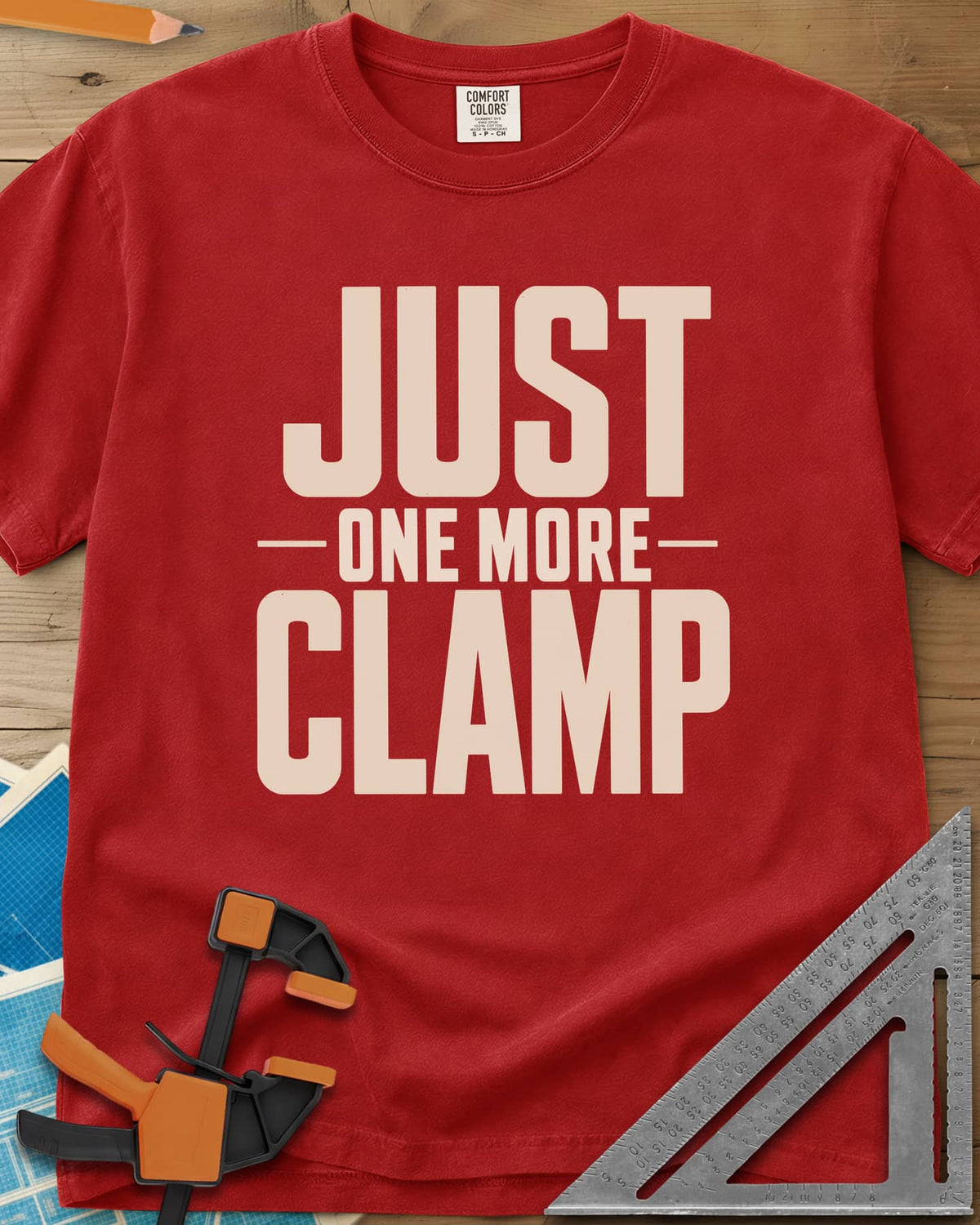 Just One More heavyweight tee in Red, bold stacked block letters with a thin line divider
